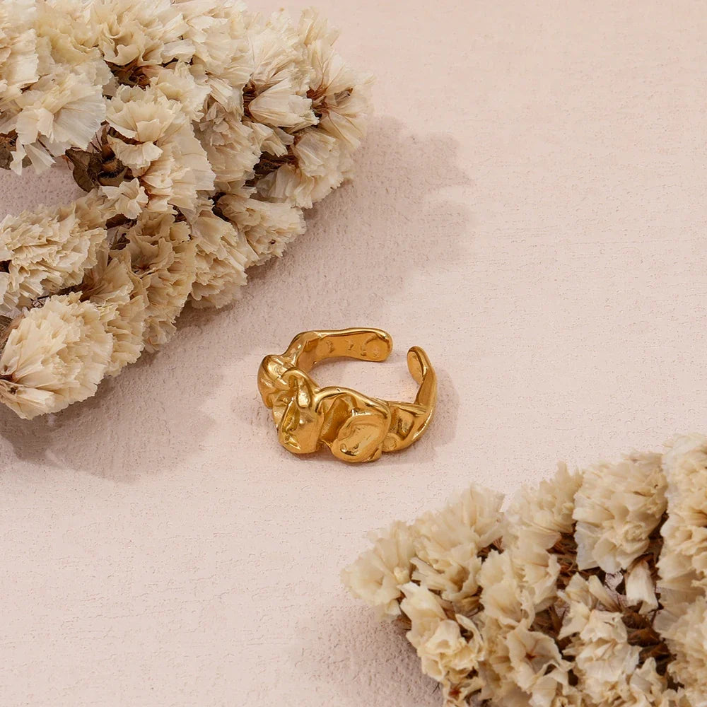 Joolim Jewelry Wholesale 18K Gold Plated Irregular Wrinkle Lava Stainless Steel Open Rings for Women Statement Rings