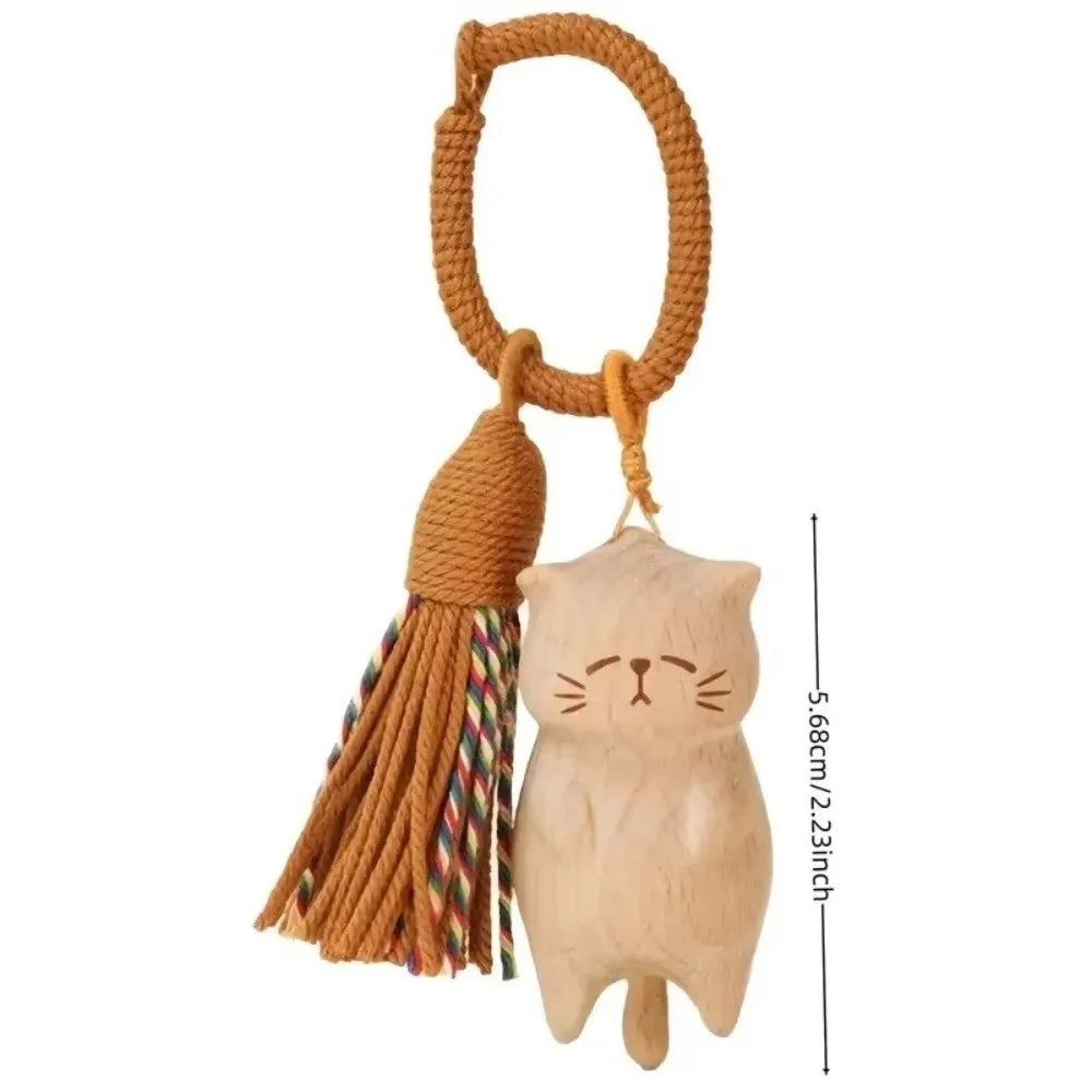 Cute Tassel Handcrafted Wooden Cat Pendant Wooden Material Bags Decoration Cat Keychain Money Catching Cat Bag Pendant
