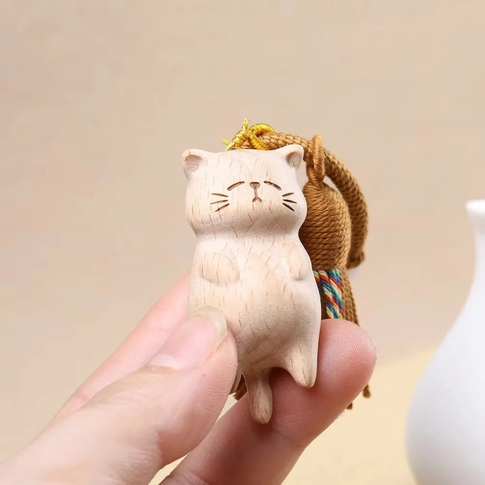 Cute Tassel Handcrafted Wooden Cat Pendant Wooden Material Bags Decoration Cat Keychain Money Catching Cat Bag Pendant