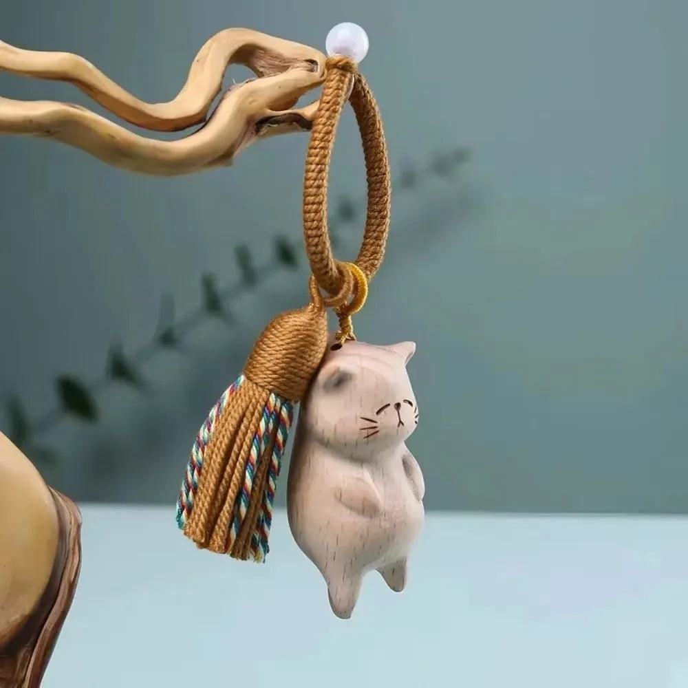 Cute Tassel Handcrafted Wooden Cat Pendant Wooden Material Bags Decoration Cat Keychain Money Catching Cat Bag Pendant