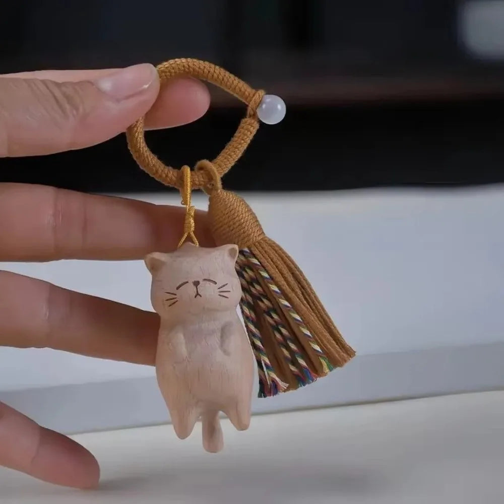 Cute Tassel Handcrafted Wooden Cat Pendant Wooden Material Bags Decoration Cat Keychain Money Catching Cat Bag Pendant