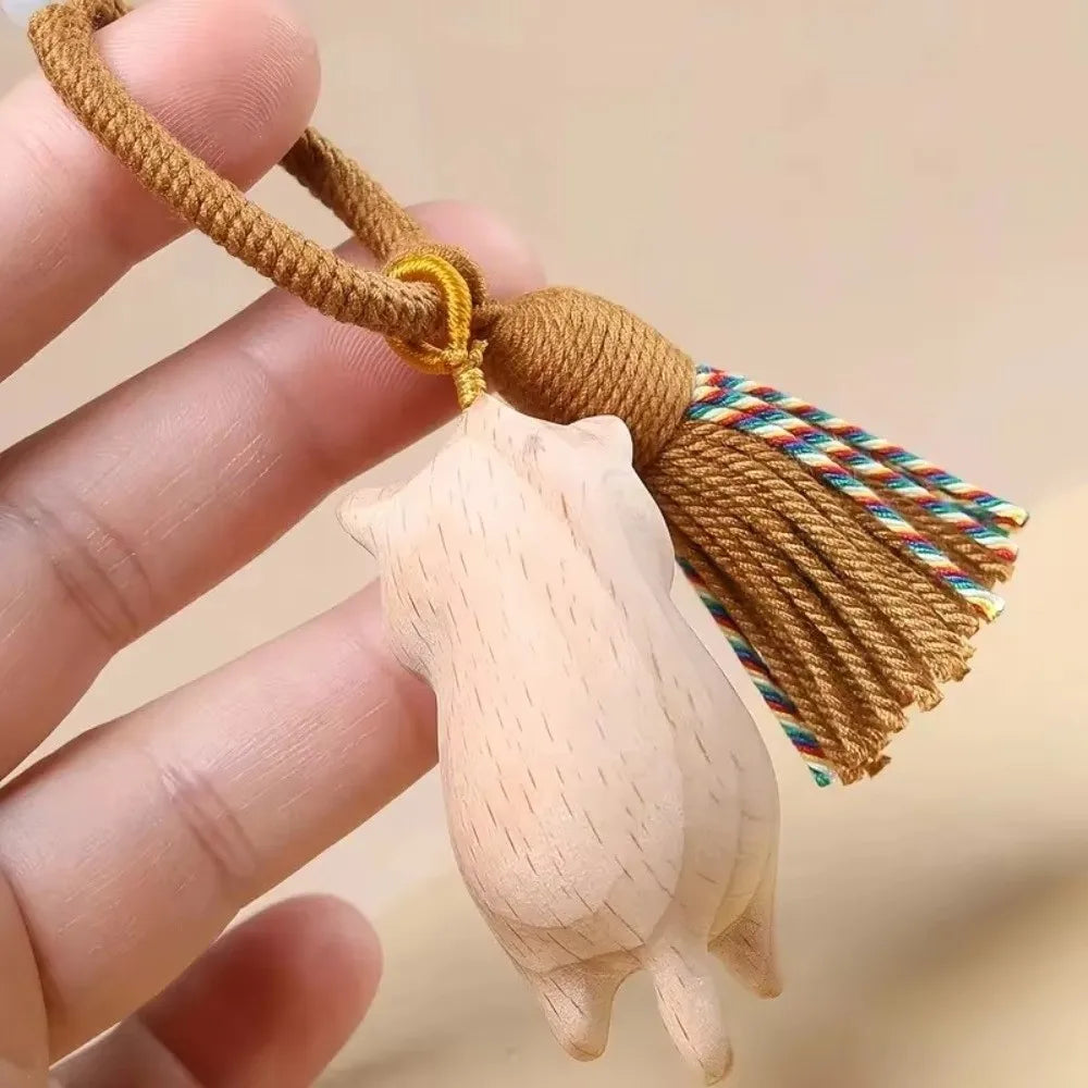 Cute Tassel Handcrafted Wooden Cat Pendant Wooden Material Bags Decoration Cat Keychain Money Catching Cat Bag Pendant