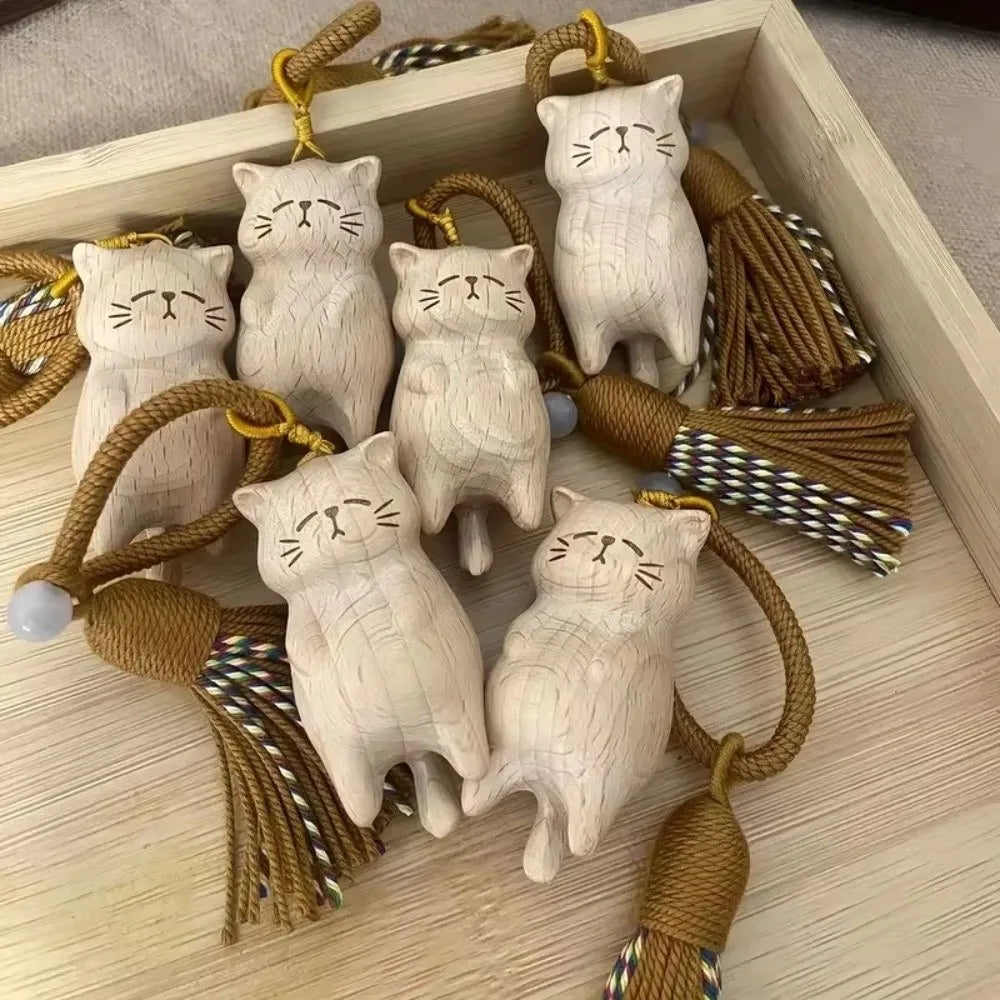 Cute Tassel Handcrafted Wooden Cat Pendant Wooden Material Bags Decoration Cat Keychain Money Catching Cat Bag Pendant
